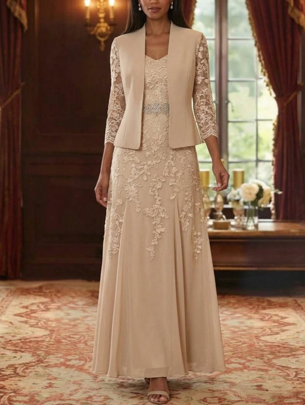 A-Line/Princess V-Neck Chiffon Mother of the Bride Dresses with Jacket 3/4 Sleeves Lace Floral Floor-Length
