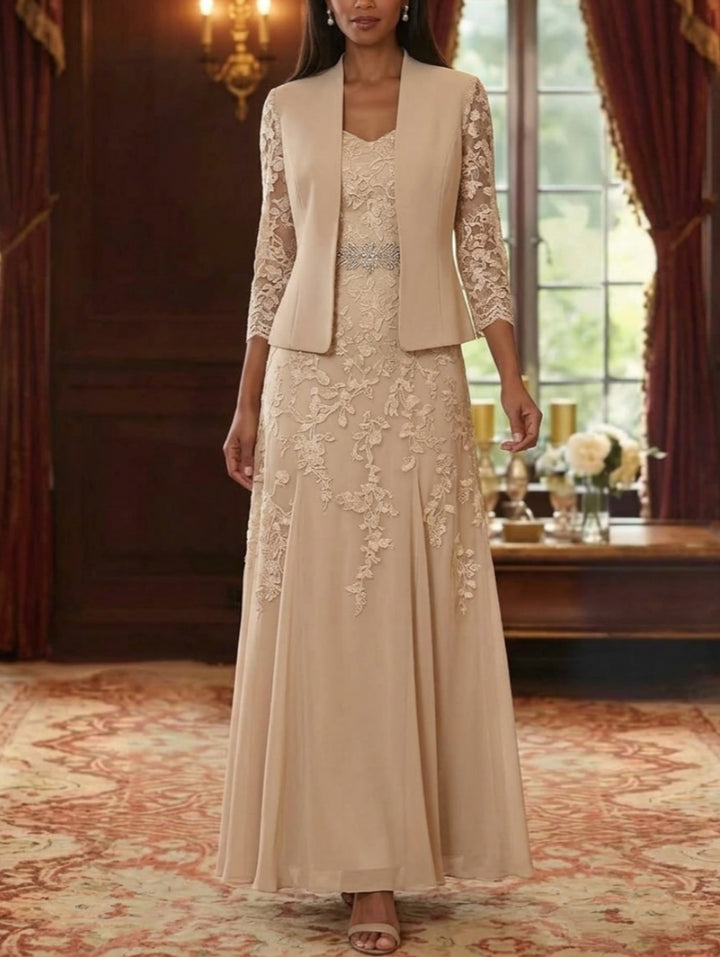 A-Line/Princess V-Neck Chiffon Mother of the Bride Dresses with Jacket 3/4 Sleeves Lace Floral Floor-Length