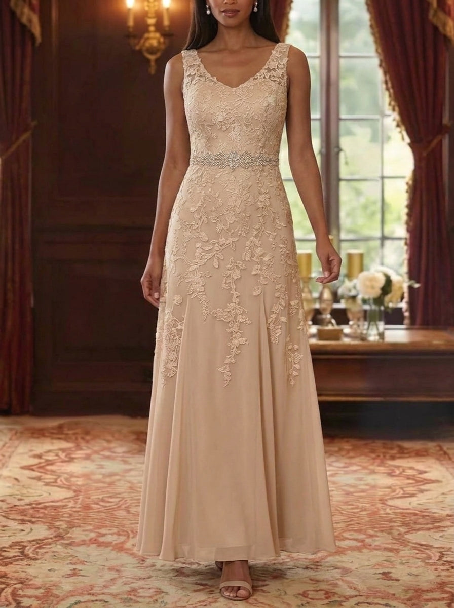 A-Line/Princess V-Neck Chiffon Mother of the Bride Dresses with Jacket 3/4 Sleeves Lace Floral Floor-Length