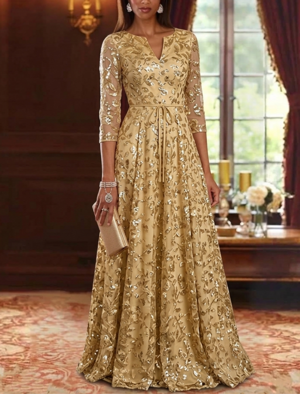 A-Line/Princess V-Neck Sequin Embroidery Mother of the Bride Dresses 3/4 Sleeves Floor-Length