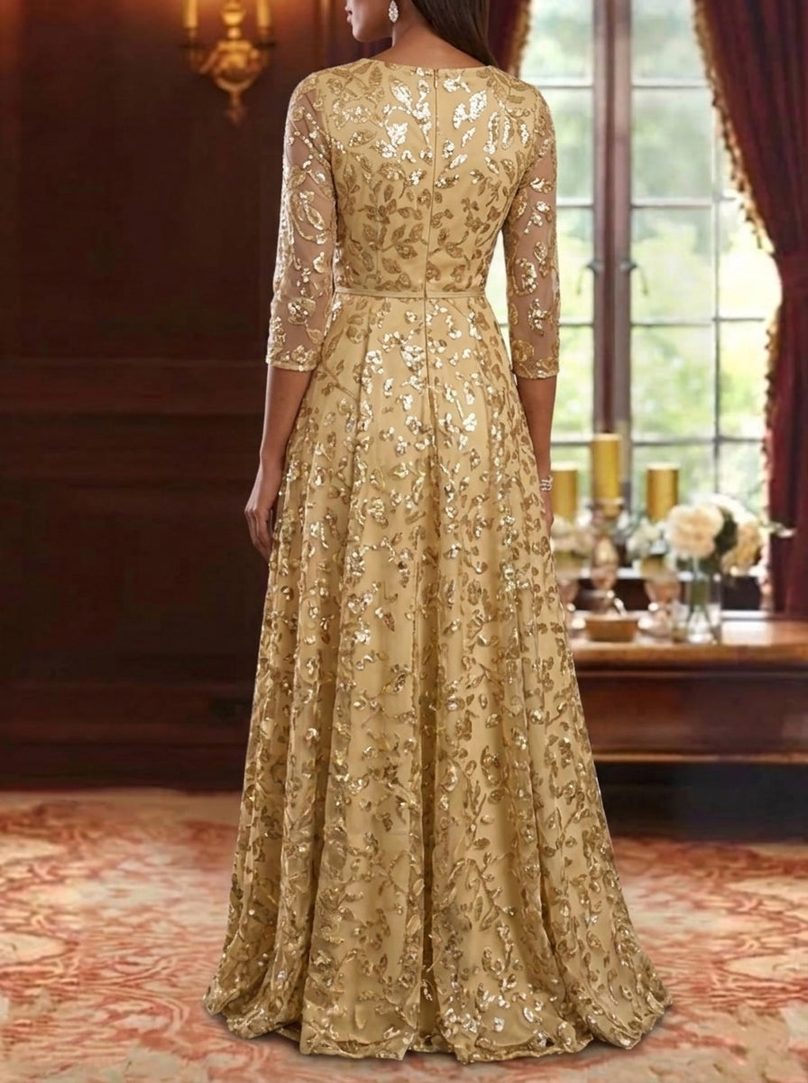 A-Line/Princess V-Neck Sequin Embroidery Mother of the Bride Dresses 3/4 Sleeves Floor-Length