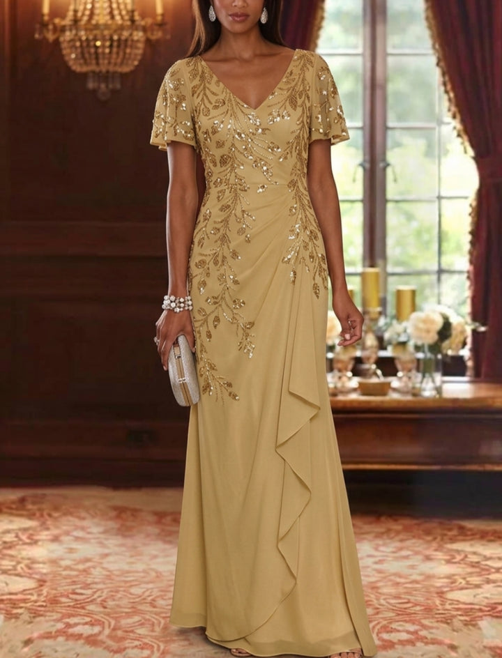 A-Line/Princess V-Neck Chiffon Mother of the Bride Dresses Sequin Embroidery Short Sleeves Floor-Length Ruffles
