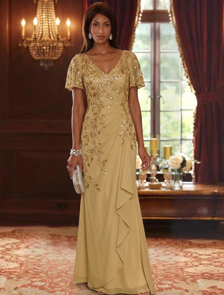 A-Line/Princess V-Neck Chiffon Mother of the Bride Dresses Sequin Embroidery Short Sleeves Floor-Length Ruffles