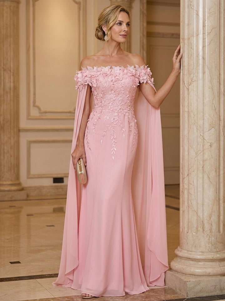Trumpet/Mermaid Off-the-Shoulder Chiffon Mother of the Bride Dresses with 3D Flowers Cape Sleeves Floor-Length Lace Floral