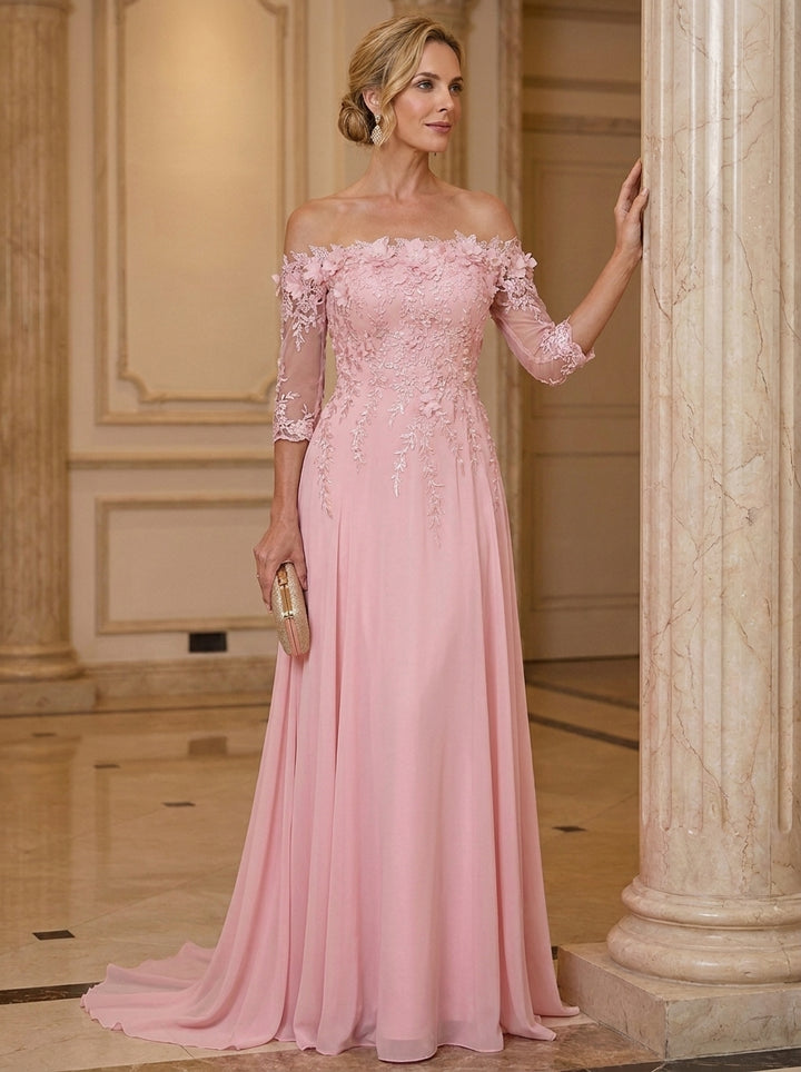 A-Line/Princess Off-the-Shoulder Chiffon Mother of the Bride Dresses with 3D Flowers 3/4 Sleeves Floor-Length Lace Floral