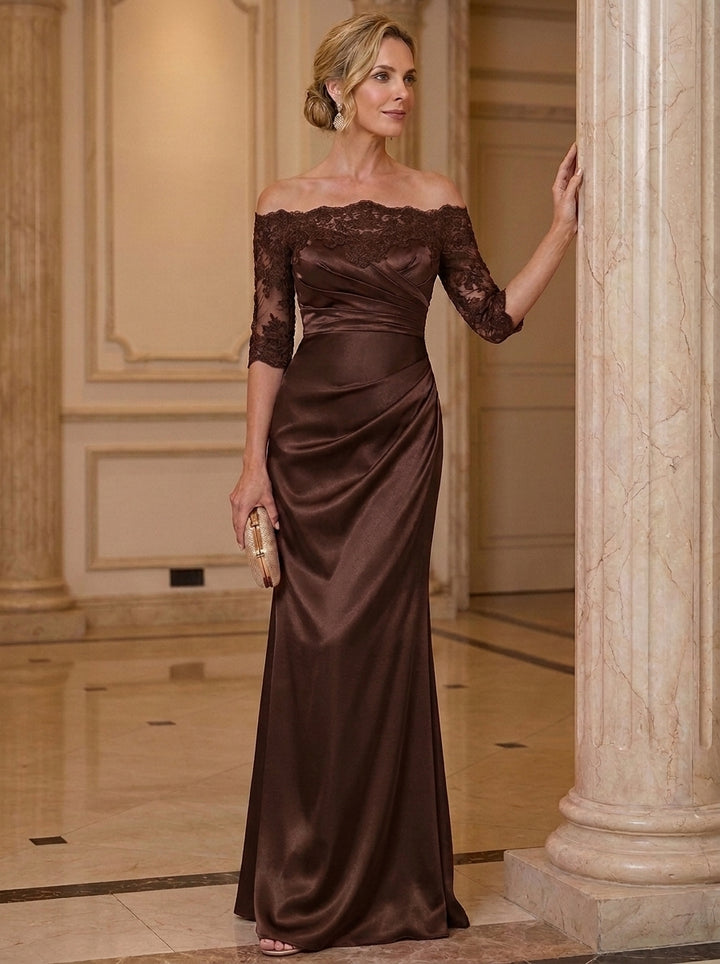 Trumpet/Mermaid Off-the-Shoulder Silk Satin Mother of The Bride Dresses Lace Floral Floor Length 3/4 Sleeves