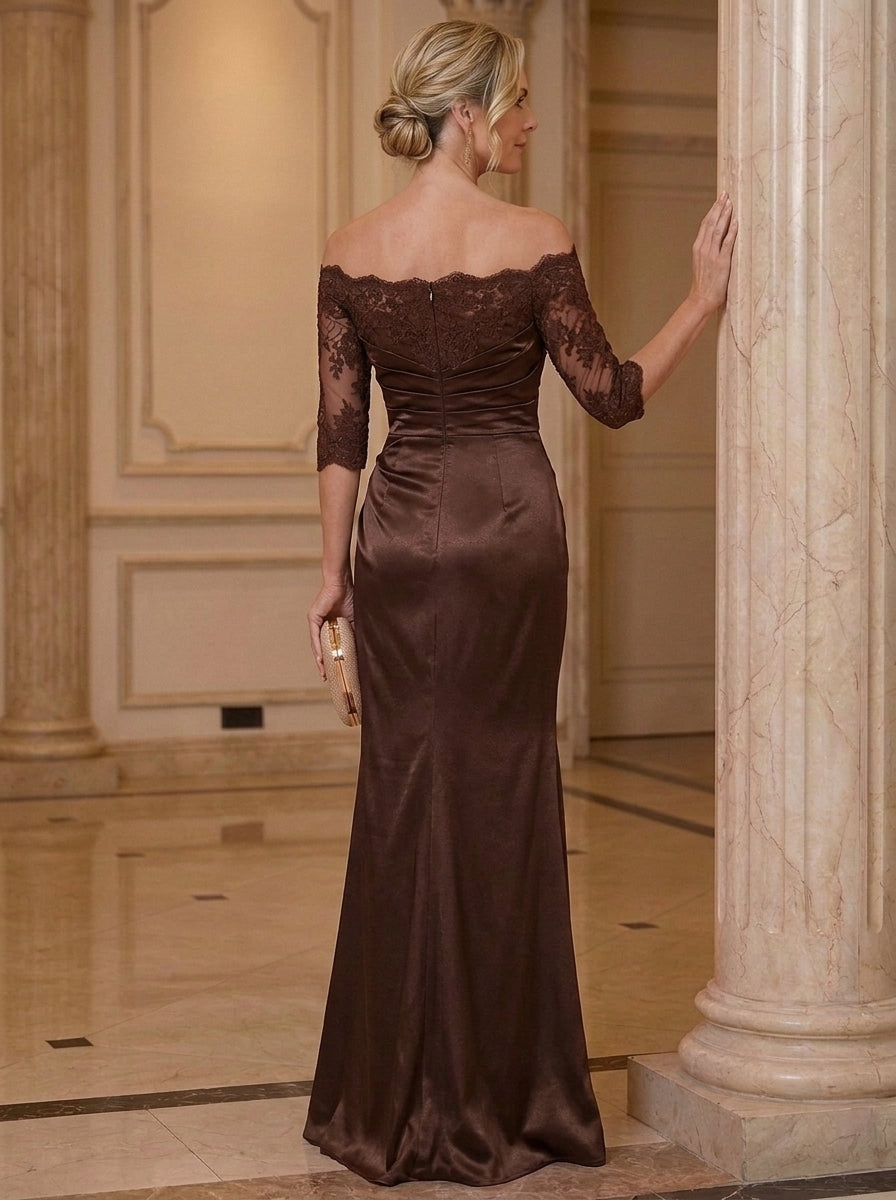 Trumpet/Mermaid Off-the-Shoulder Silk Satin Mother of The Bride Dresses Lace Floral Floor Length 3/4 Sleeves