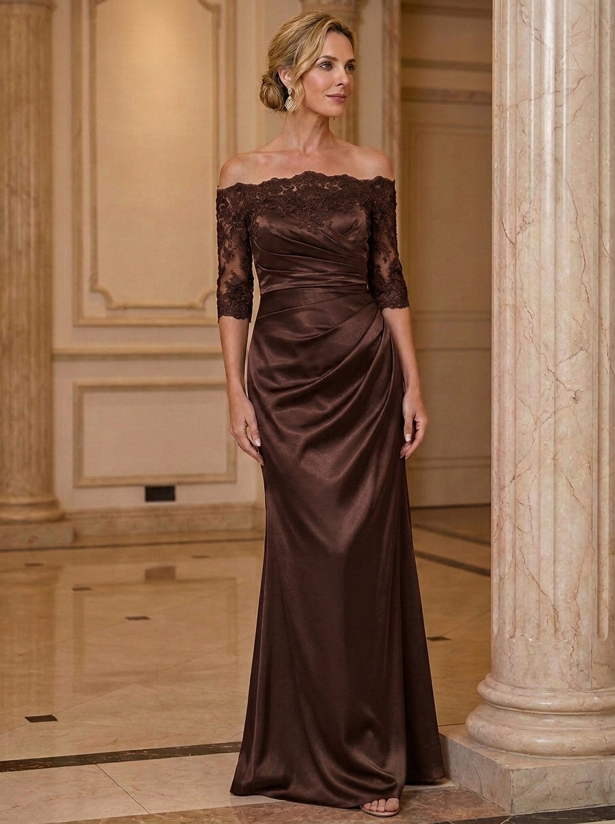 Trumpet/Mermaid Off-the-Shoulder Silk Satin Mother of The Bride Dresses Lace Floral Floor Length 3/4 Sleeves