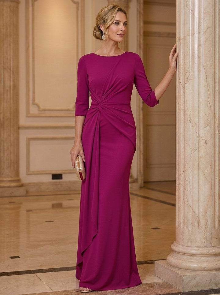 Sheath/Column Scoop Stretch Satin Mother of the Bride Dresses 3/4 Sleeves Floor-Length Ruched