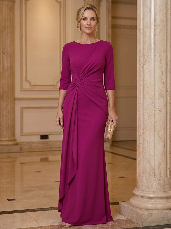 Sheath/Column Scoop Stretch Satin Mother of the Bride Dresses 3/4 Sleeves Floor-Length Ruched