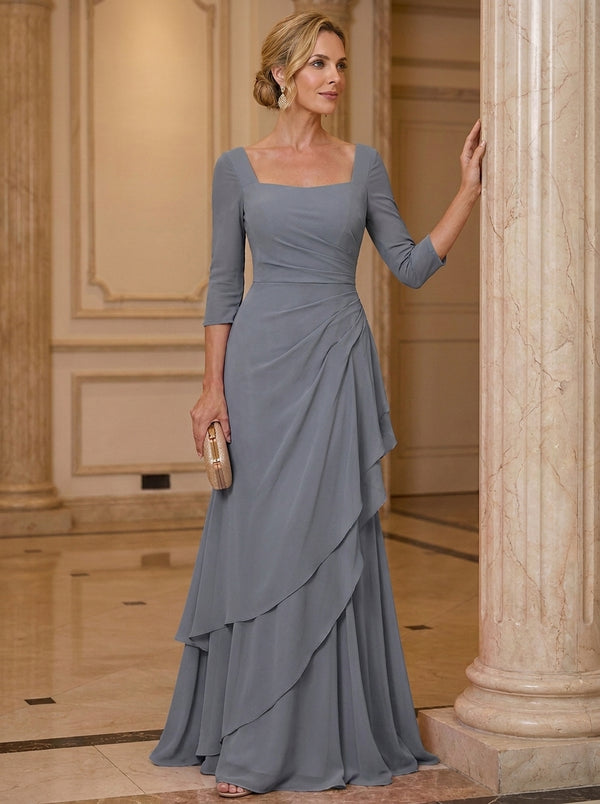 A-Line/Princess Square Collar Chiffon Mother of the Bride Dresses 3/4 Sleeves Floor-Length Ruched Ruffles