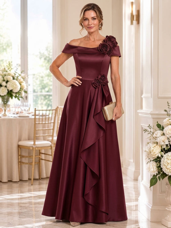 A-Line/Princess Off-the-Shoulder Satin Mother of the Bride Dresses with 3D Flowers Floor-Length Ruffles Sleeveless