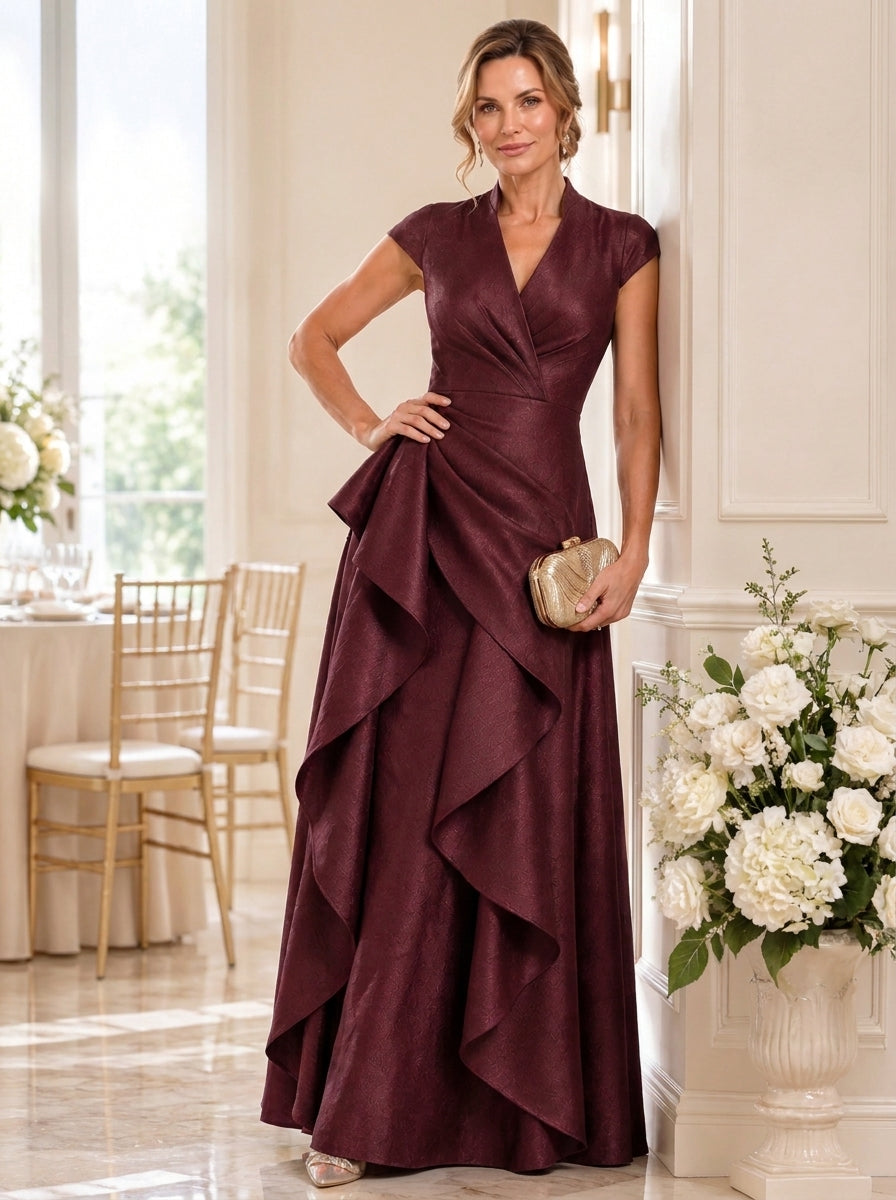 A-Line/Princess V-Neck Satin Mother of the Bride Dresses Floor-Length Ruffles Cap Sleeves