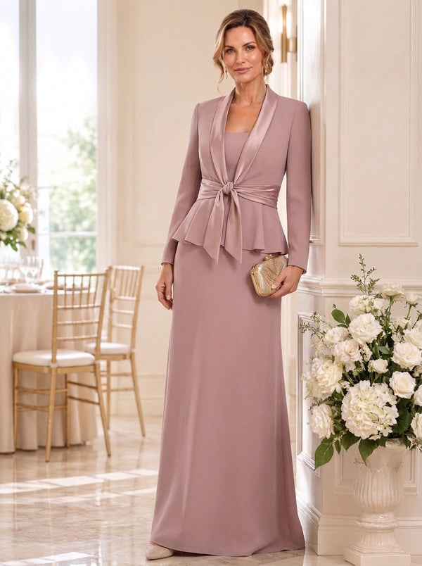 2 Pieces Sheath/Column Scoop Stretch Satin Mother of the Bride Dresses with Jacket Ruffles Long Sleeves Floor-Length