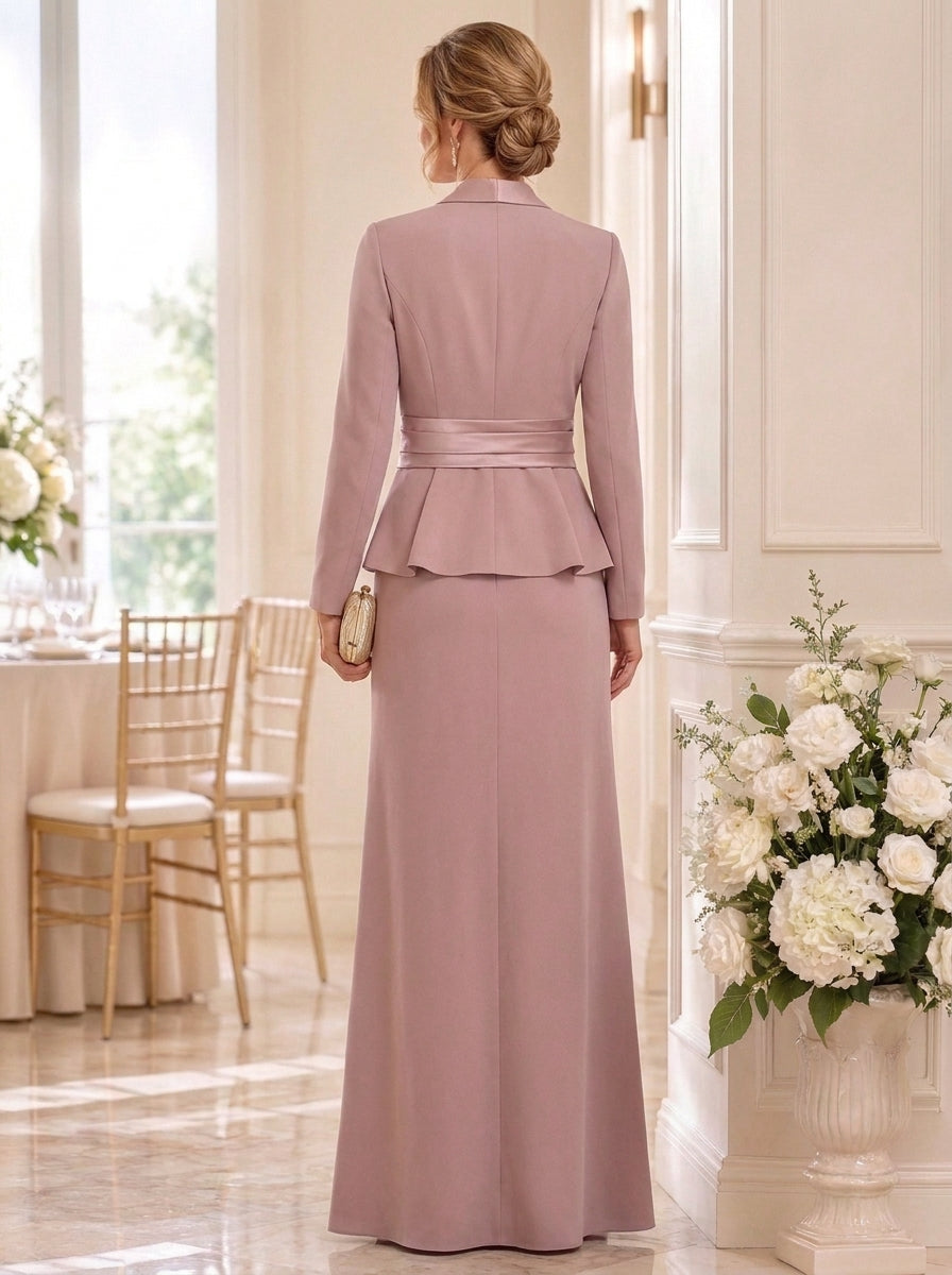 2 Pieces Sheath/Column Scoop Stretch Satin Mother of the Bride Dresses with Jacket Ruffles Long Sleeves Floor-Length