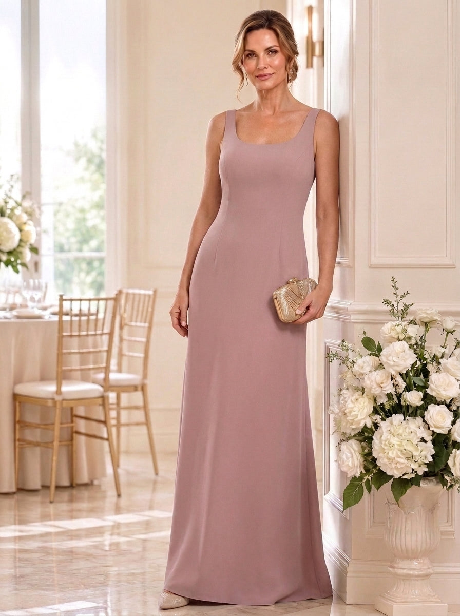 2 Pieces Sheath/Column Scoop Stretch Satin Mother of the Bride Dresses with Jacket Ruffles Long Sleeves Floor-Length
