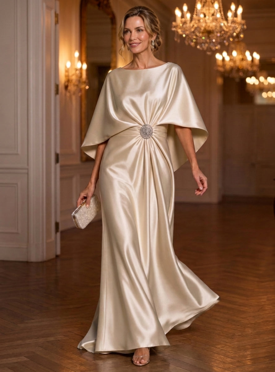 A-Line/Princess Boat Neck Satin Mother of the Bride Dresses Floor-Length Ruched Cape Sleeves
