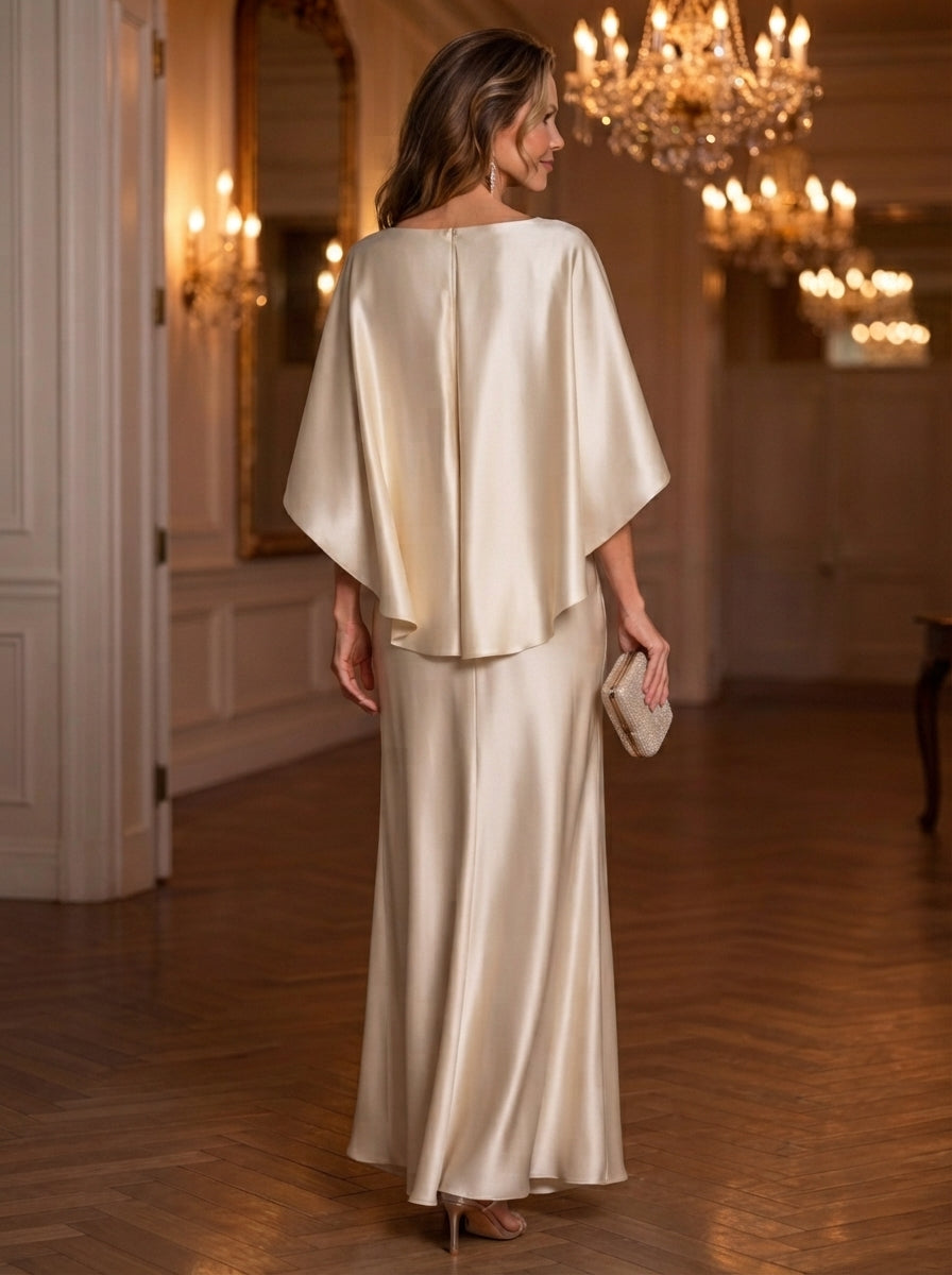 A-Line/Princess Boat Neck Satin Mother of the Bride Dresses Floor-Length Ruched Cape Sleeves