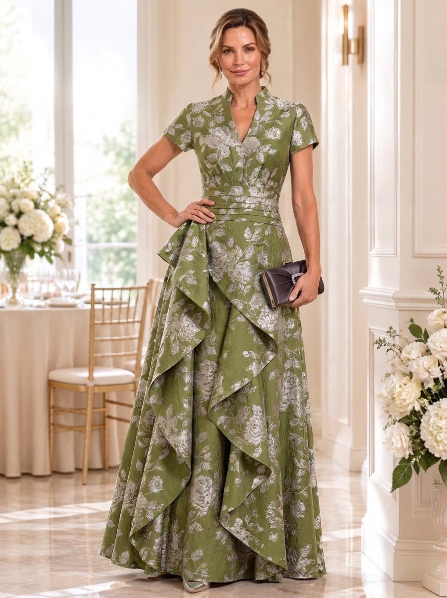 A-Line/Princess V-Neck Jacquard Mother of the Bride Dresses Floor-Length Ruffles Short Sleeves