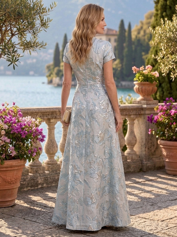 A-Line/Princess V-Neck Jacquard Floral Mother of the Bride Dresses Floor-Length Ruffles Short Sleeves