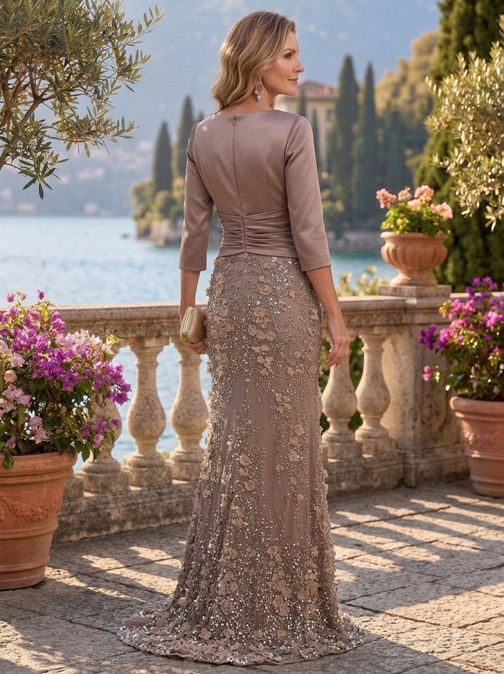 Trumpet/Mermaid V-Neck Satin Mother of the Bride Dresses with 3D Flowers Floor-Length Ruched 3/4 Sleeves