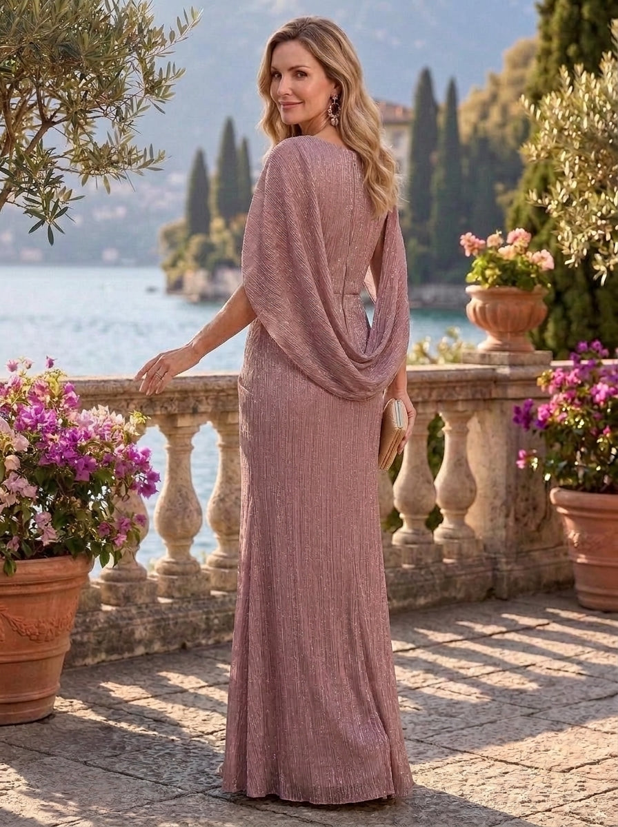 A-Line/Princess Boat Neck Metallic Mesh Mother of the Bride Dresses Floor-Length Ruched Cape Sleeves