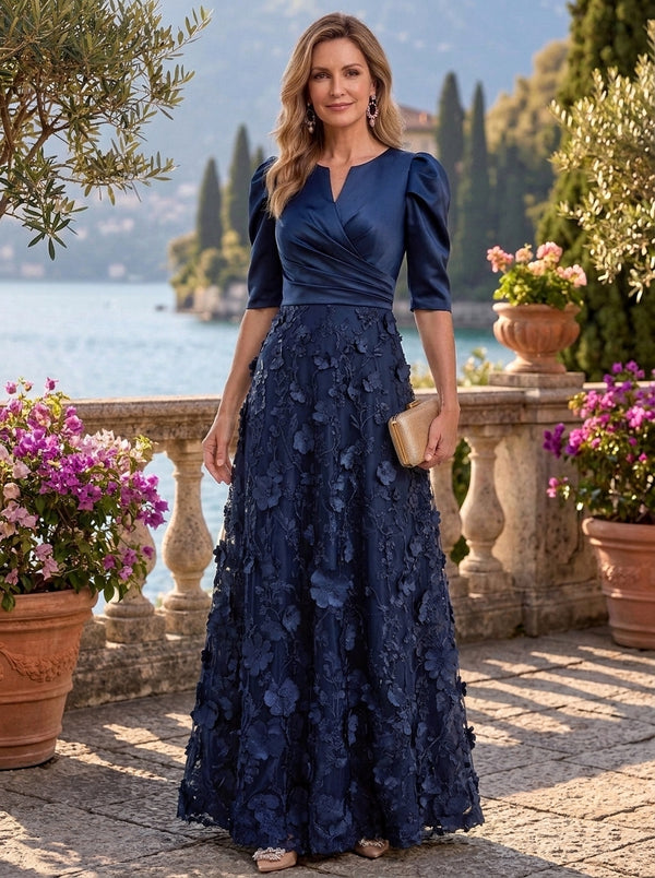A-Line/Princess Scoop Satin Mother of the Bride Dresses Lace Embroidery Floral Floor-Length 3/4 Sleeves