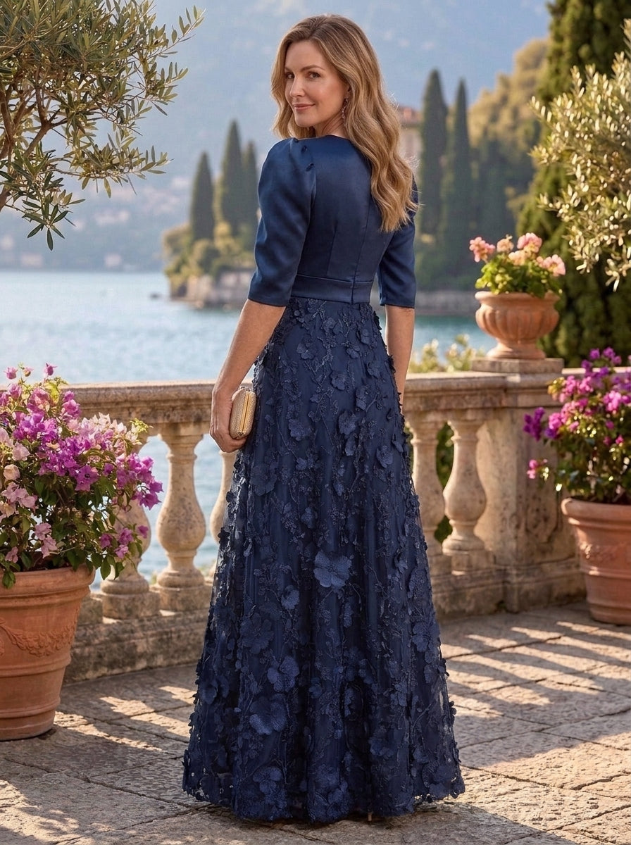 A-Line/Princess Scoop Satin Mother of the Bride Dresses Lace Embroidery Floral Floor-Length 3/4 Sleeves
