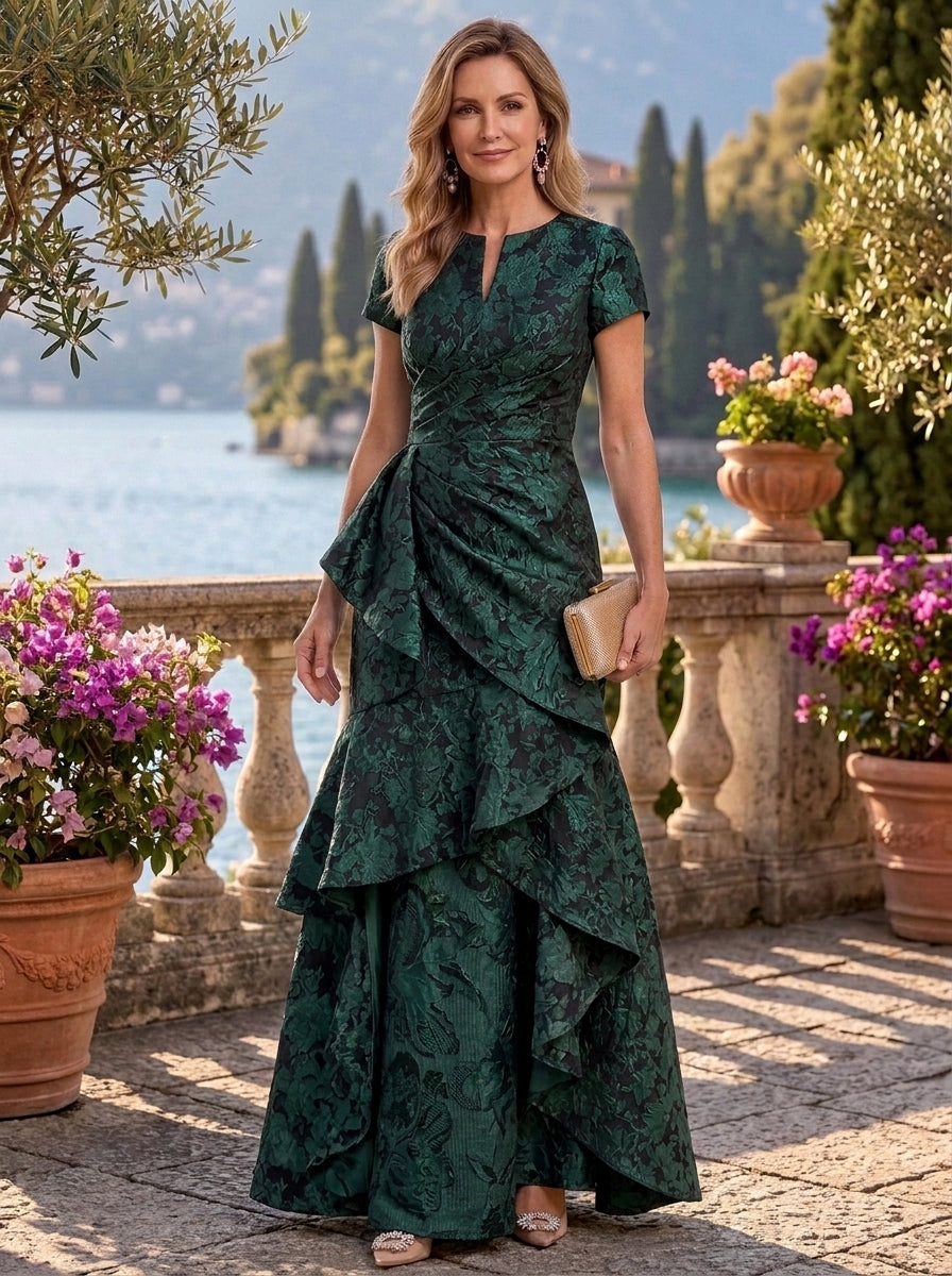 A-Line/Princess Scoop Jacquard Mother of the Bride Dresses Floral Floor-Length Short Sleeves Ruffles