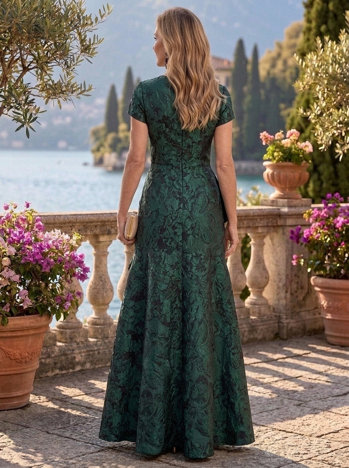 A-Line/Princess Scoop Jacquard Mother of the Bride Dresses Floral Floor-Length Short Sleeves Ruffles