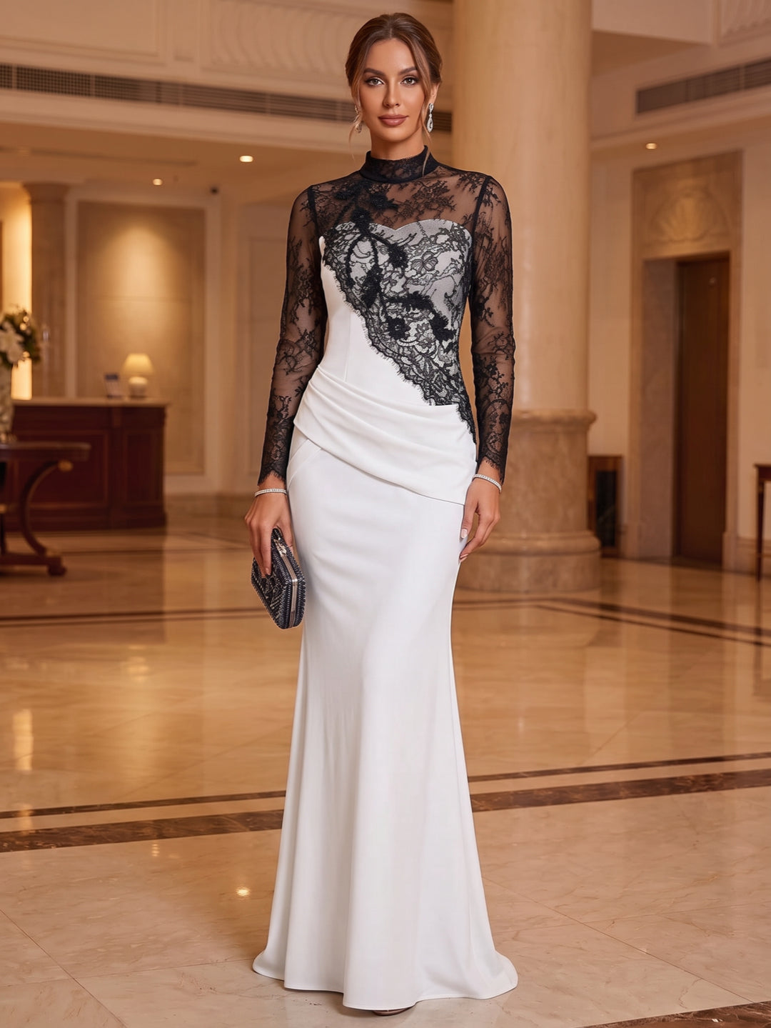 Sheath/Column Mock Neck Stretch Satin Mother of the Bride Dresses Long Sleeves Floor-Length Ruched Lace Floral