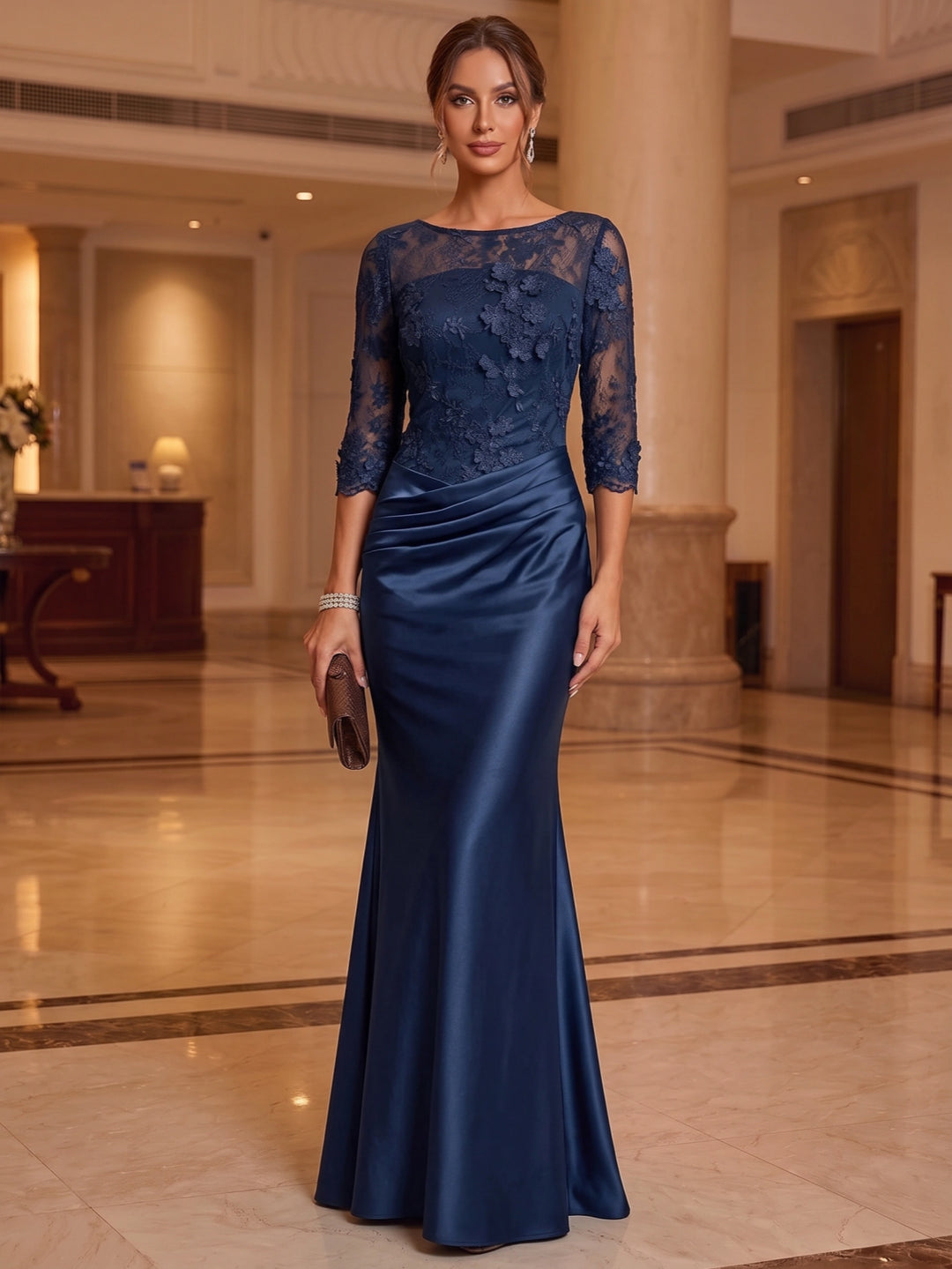 Trumpet/Mermaid Scoop Satin Mother of the Bride Dresses with 3D Flowers Lace Floor-Length Ruched 3/4 Sleeves