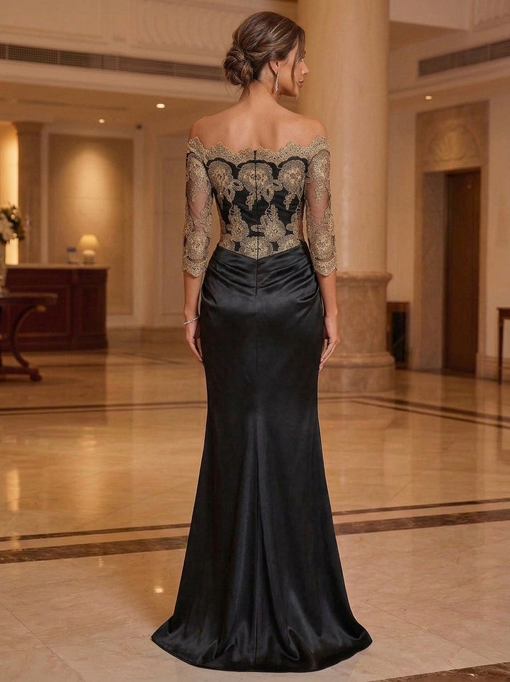 Trumpet/Mermaid Off-the-Shoulder Silk Satin Mother of The Bride Dresses Lace Floral 3/4 Sleeves Floor Length