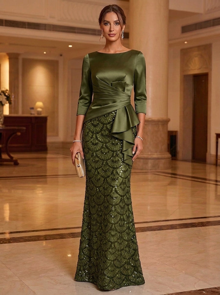 Trumpet/Mermaid Boat Neck Silk Satin Mother of The Bride Dresses Sequins Floral 3/4 Sleeves Ruffles Floor Length