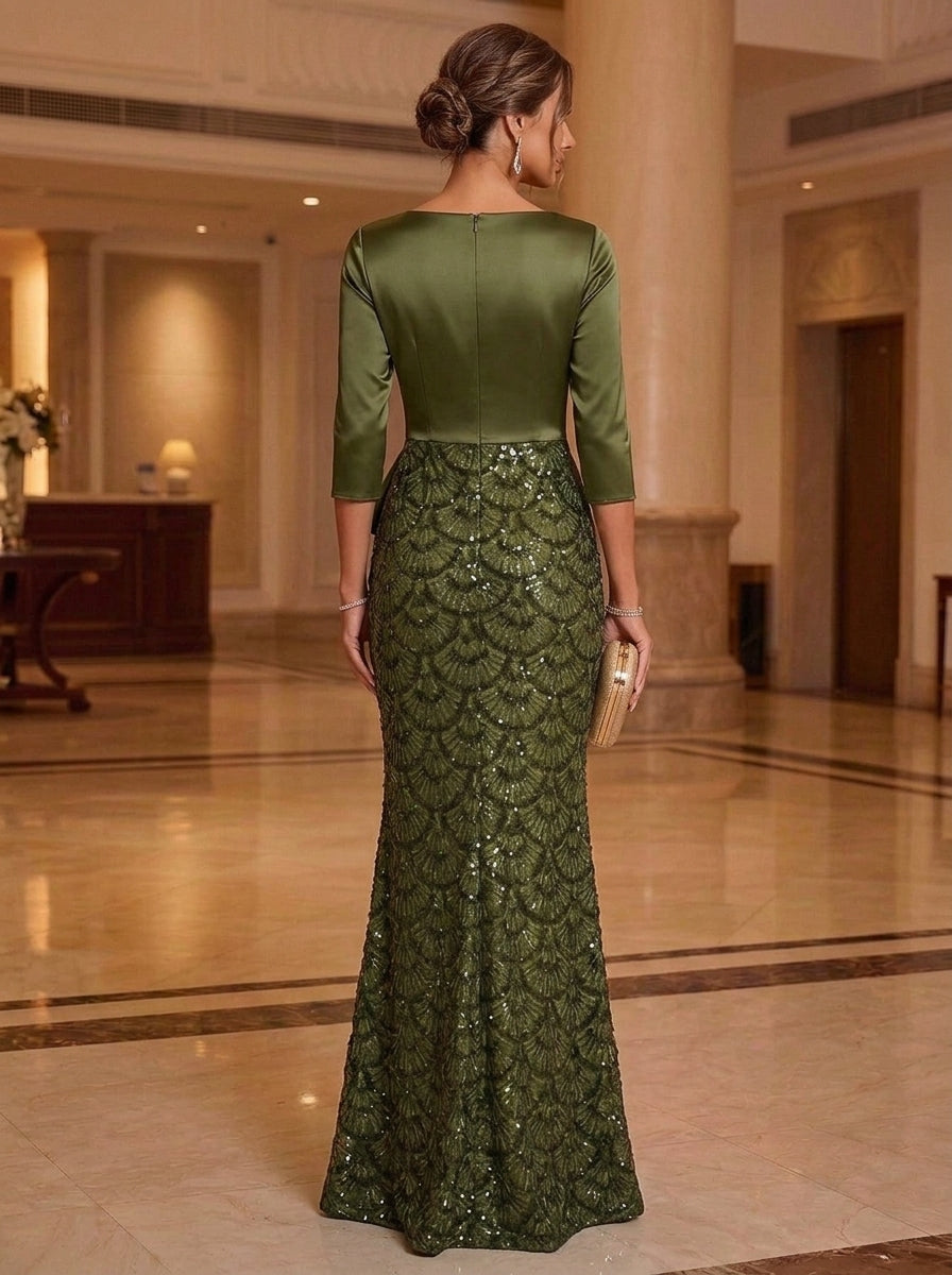 Trumpet/Mermaid Boat Neck Silk Satin Mother of The Bride Dresses Sequins Floral 3/4 Sleeves Ruffles Floor Length