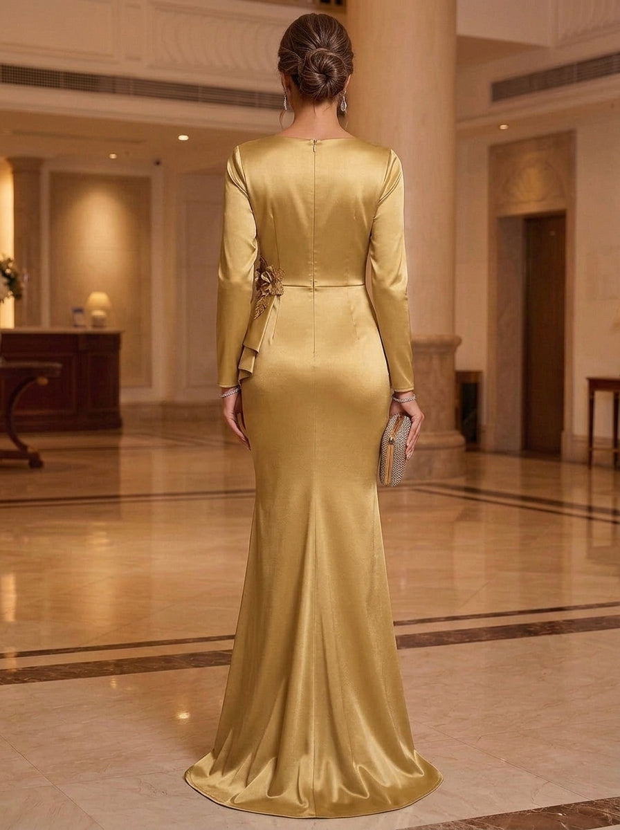 Trumpet/Mermaid V-Neck Satin Mother of the Bride Dresses with 3D Flowers Floor-Length Ruffles Long Sleeves