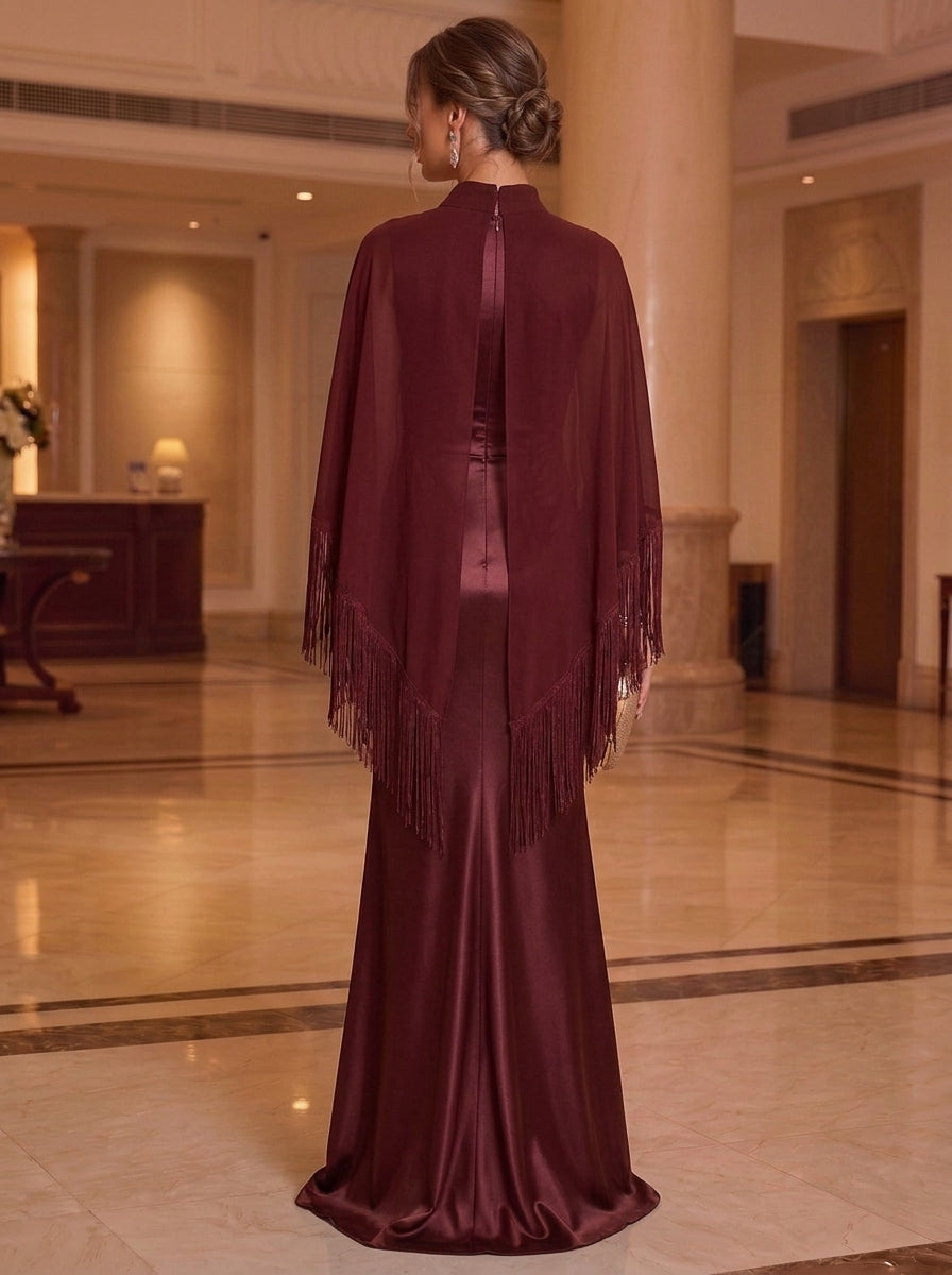 Trumpet/Mermaid Mock Neck Satin Mother of the Bride Dresses Chiffon Floor-Length Fringe Cape Sleeves Tassels