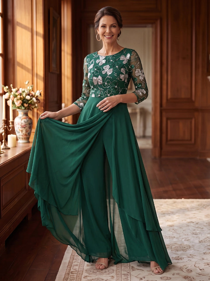 Scoop Chiffon Mother of the Bride Jumpsuit with Overskirt 3/4 Sleeves Floor-Length Floral Sequins
