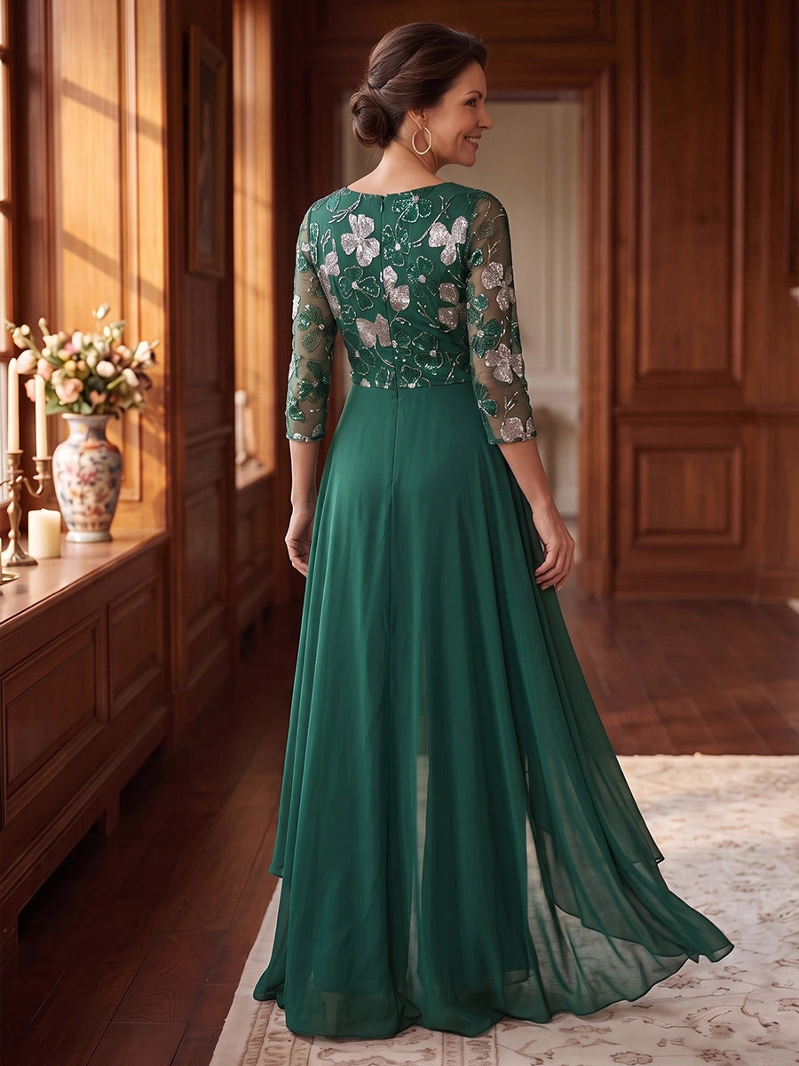 Scoop Chiffon Mother of the Bride Jumpsuit with Overskirt 3/4 Sleeves Floor-Length Floral Sequins