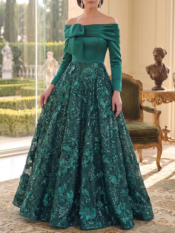 A-Line/Princess Off-the-Shoulder Satin Mother of the Bride Dresses Sequins Floral Floor-Length Long Sleeves