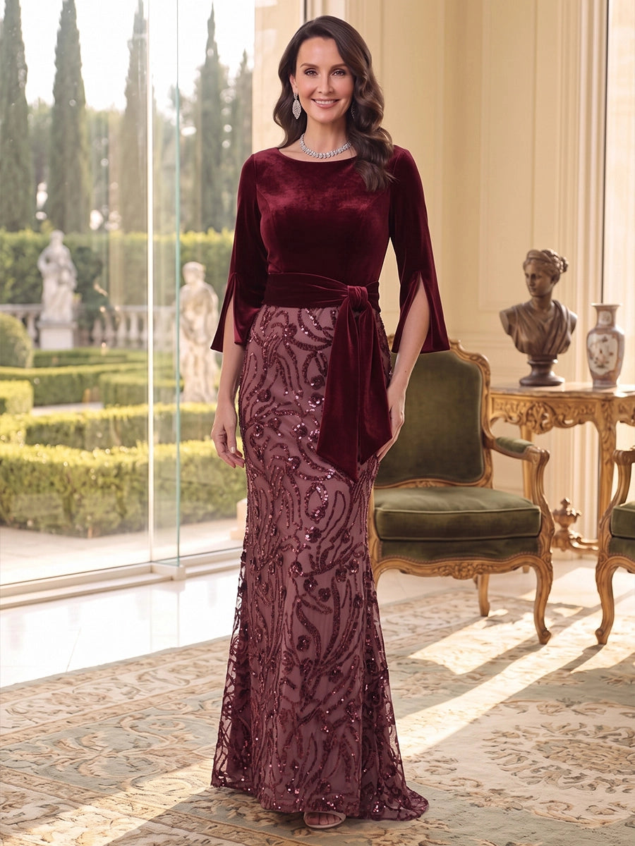 Trumpet/Mermaid Scoop Velvet Mother of The Bride Dresses Sequins Floral 3/4 Sleeves Knot Floor Length