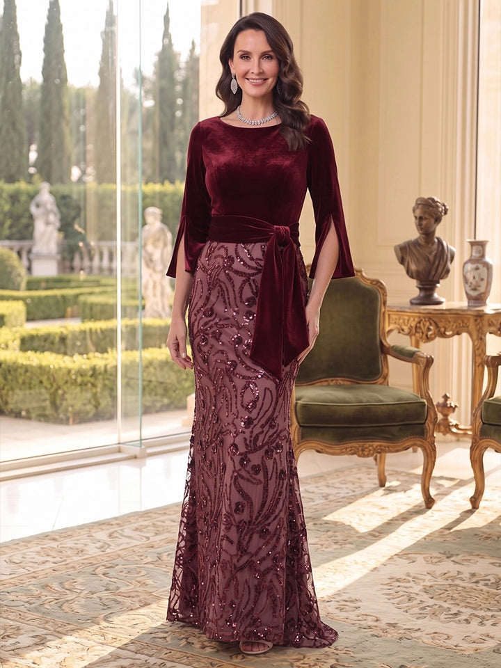 Trumpet/Mermaid Scoop Velvet Mother of The Bride Dresses Sequins Floral 3/4 Sleeves Knot Floor Length