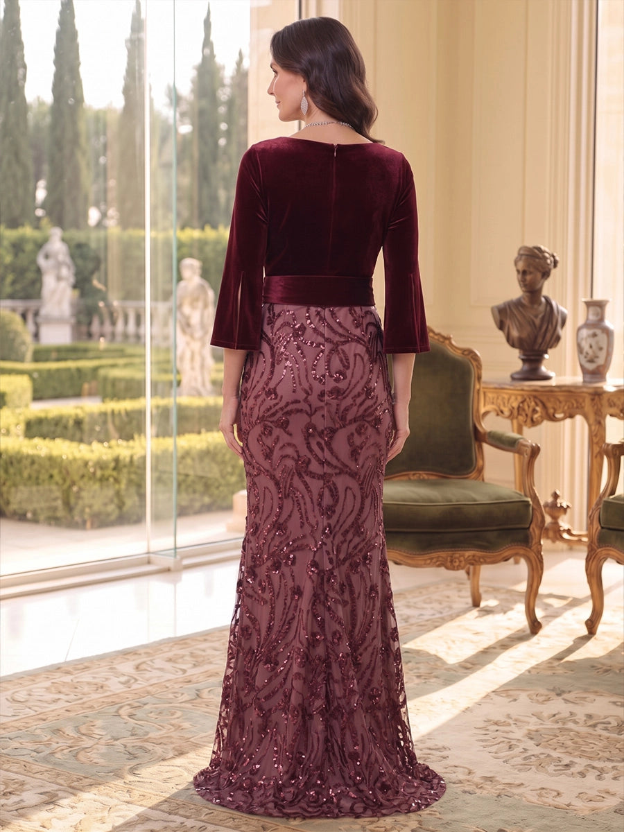Trumpet/Mermaid Scoop Velvet Mother of The Bride Dresses Sequins Floral 3/4 Sleeves Knot Floor Length