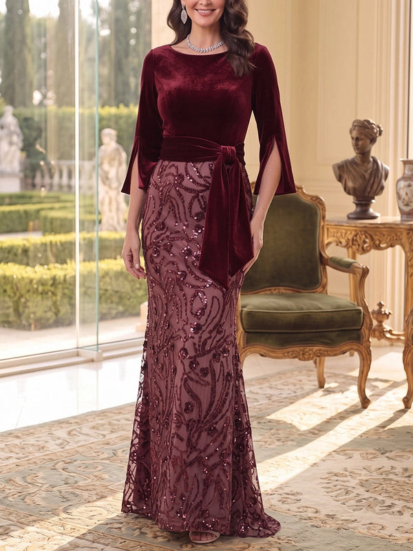 Trumpet/Mermaid Scoop Velvet Mother of The Bride Dresses Sequins Floral 3/4 Sleeves Knot Floor Length