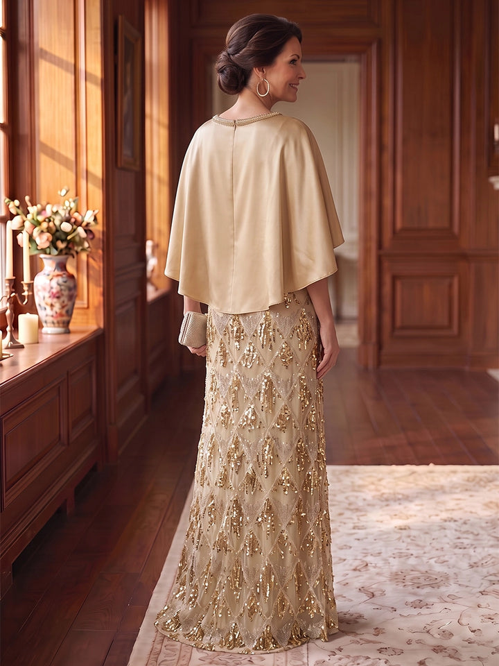 A-Line/Princess V-Neck Satin Mother of the Bride Dresses Floor-Length Sequins Cap Sleeves