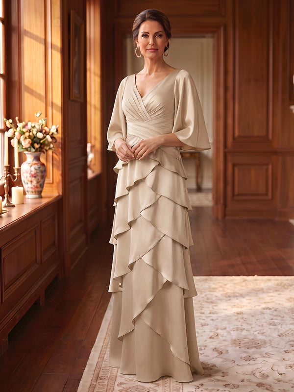 A-Line/Princess V-Neck Satin Mother of the Bride Dresses Floor-Length Ruffles Half Sleeves Ruched