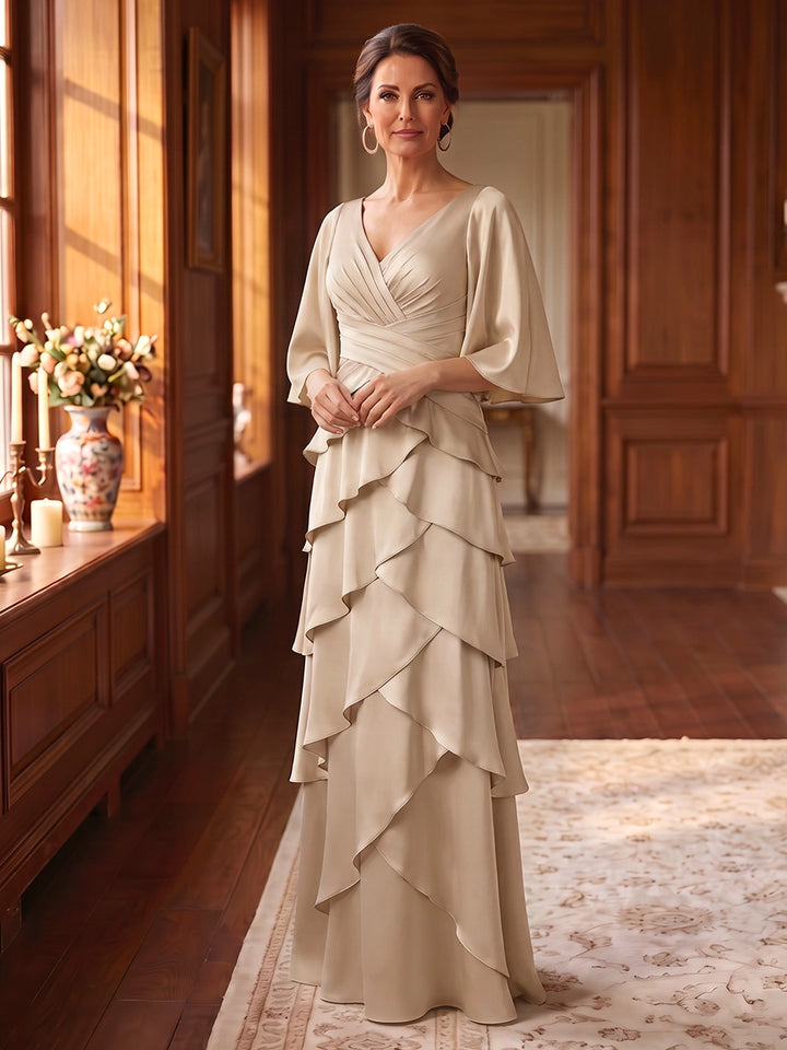 A-Line/Princess V-Neck Satin Mother of the Bride Dresses Floor-Length Ruffles Half Sleeves Ruched