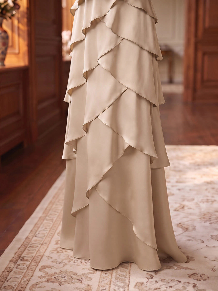 A-Line/Princess V-Neck Satin Mother of the Bride Dresses Floor-Length Ruffles Half Sleeves Ruched