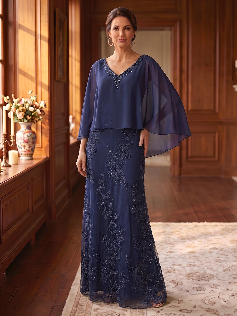 A-Line/Princess V-Neck Chiffon Mother of the Bride Dresses Floor-Length Lace Floral Cap Sleeves