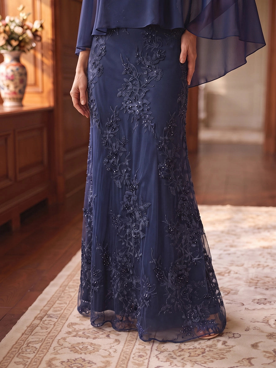 A-Line/Princess V-Neck Chiffon Mother of the Bride Dresses Floor-Length Lace Floral Cap Sleeves